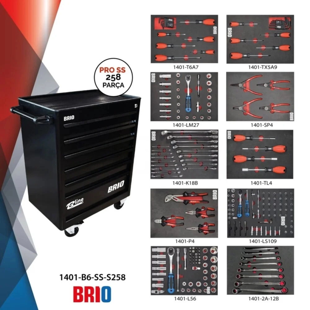 Tool Trolley 6 Drawers Black Pro Ss Full 258 Pcs
